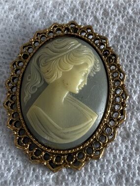 Oval Cameo Portrait Brooch Pin Gold Tone Filigree Frame Gray Ivory